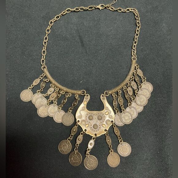 Vintage 1970s Boho Statement Necklace with Coin Dangles and Crescent Moon Design - Picture 1 of 13